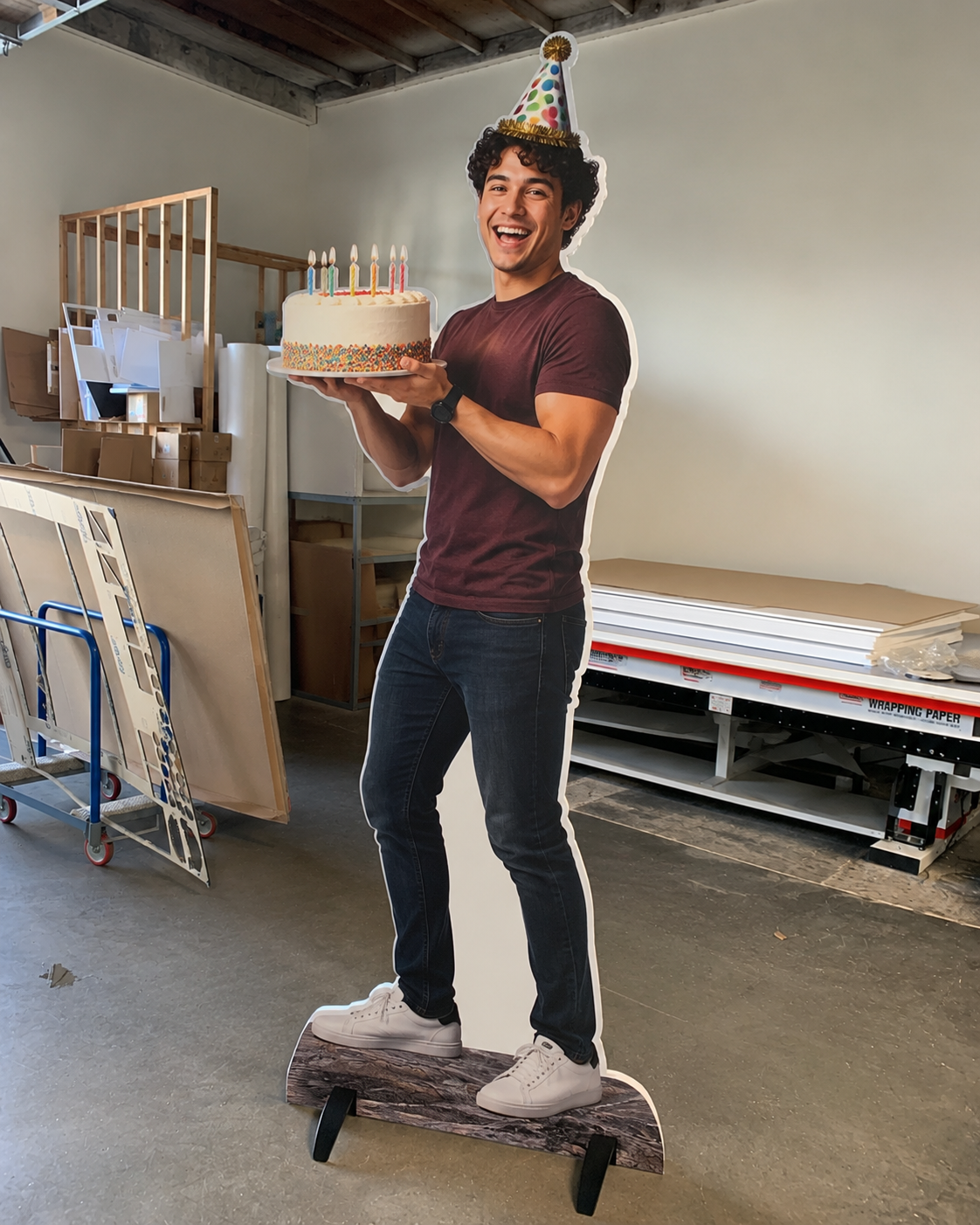 A party-ready birthday standee on a printed base.