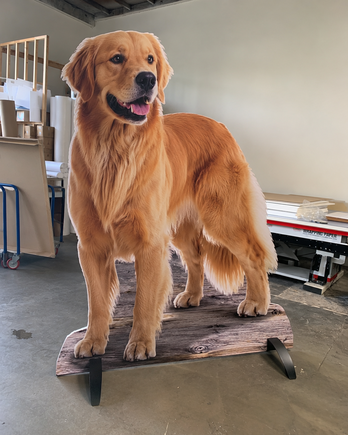 A golden retriever standee staged in the fabrication studio.